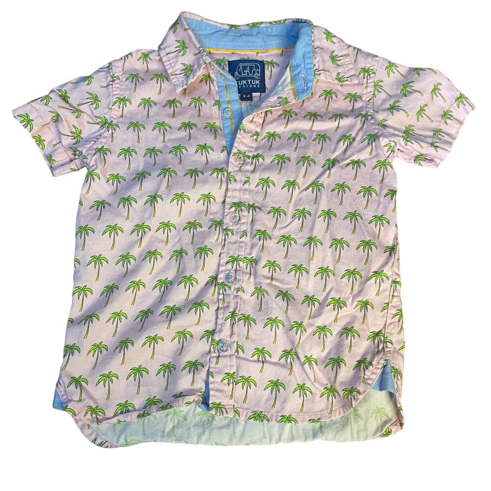 TukTuk Designs pink‎ palm tree short sleeve collar button up shirt SIZE 3